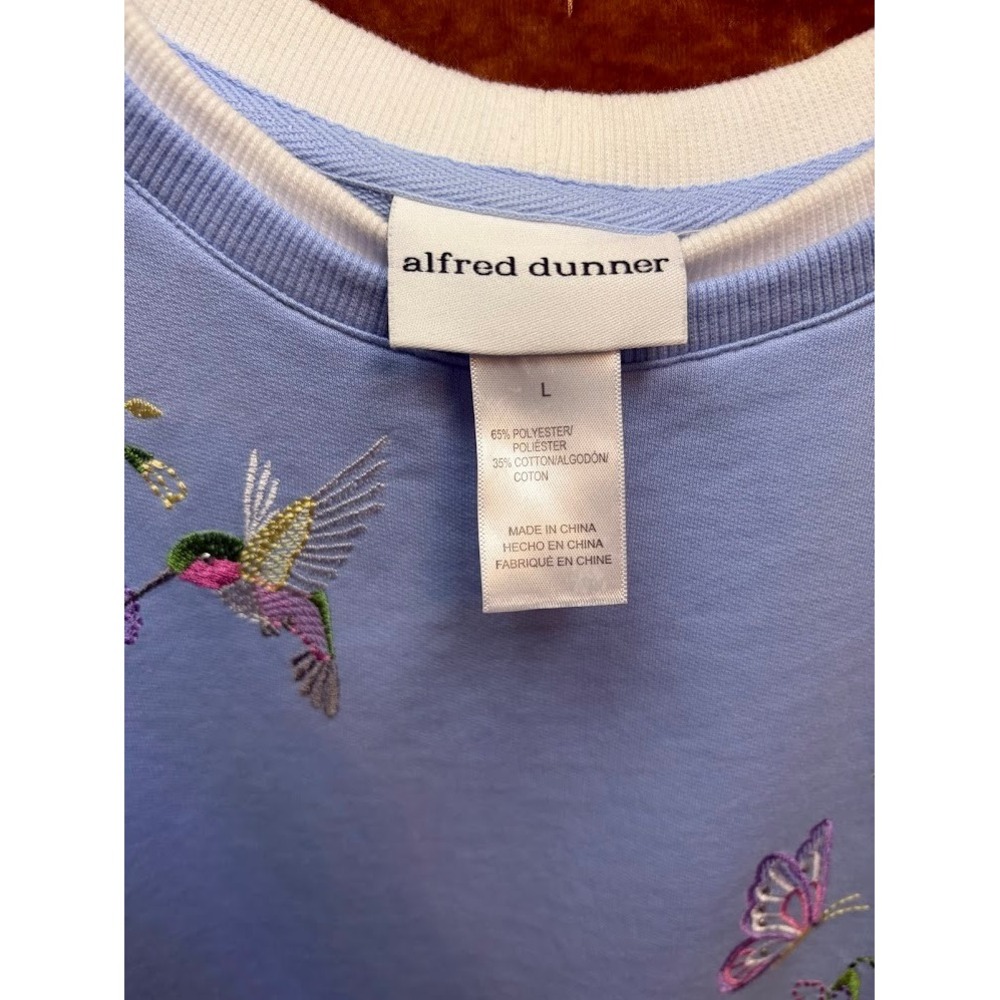 Alfred Dunner Womens Blue Embroidered Hummingbird Floral Shortsleevesweatshirt L - Picture 2 of 4